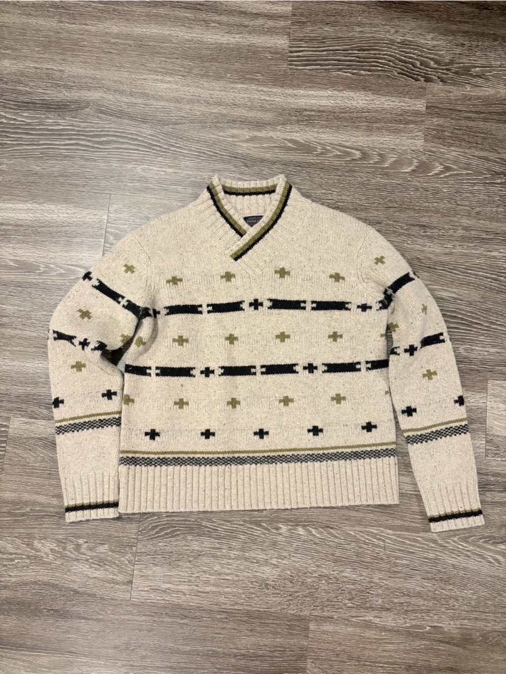 Pendleton Cream V-Neck Sweater with Black and Olive Pattern VTG